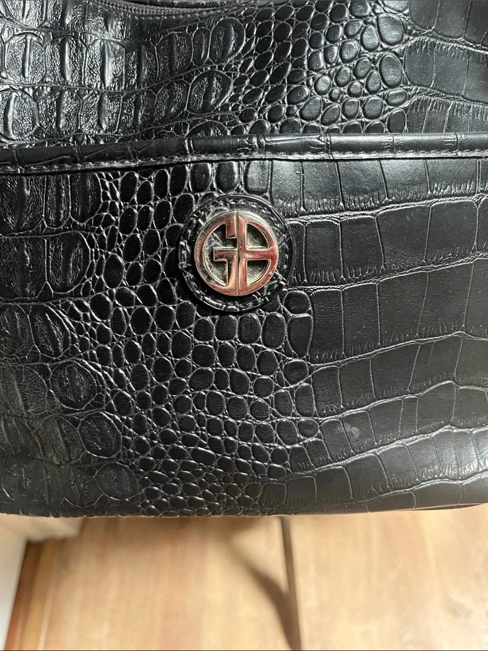 Giana Bernini vintage leather Crocodile Embossed Hobo Bag in black.